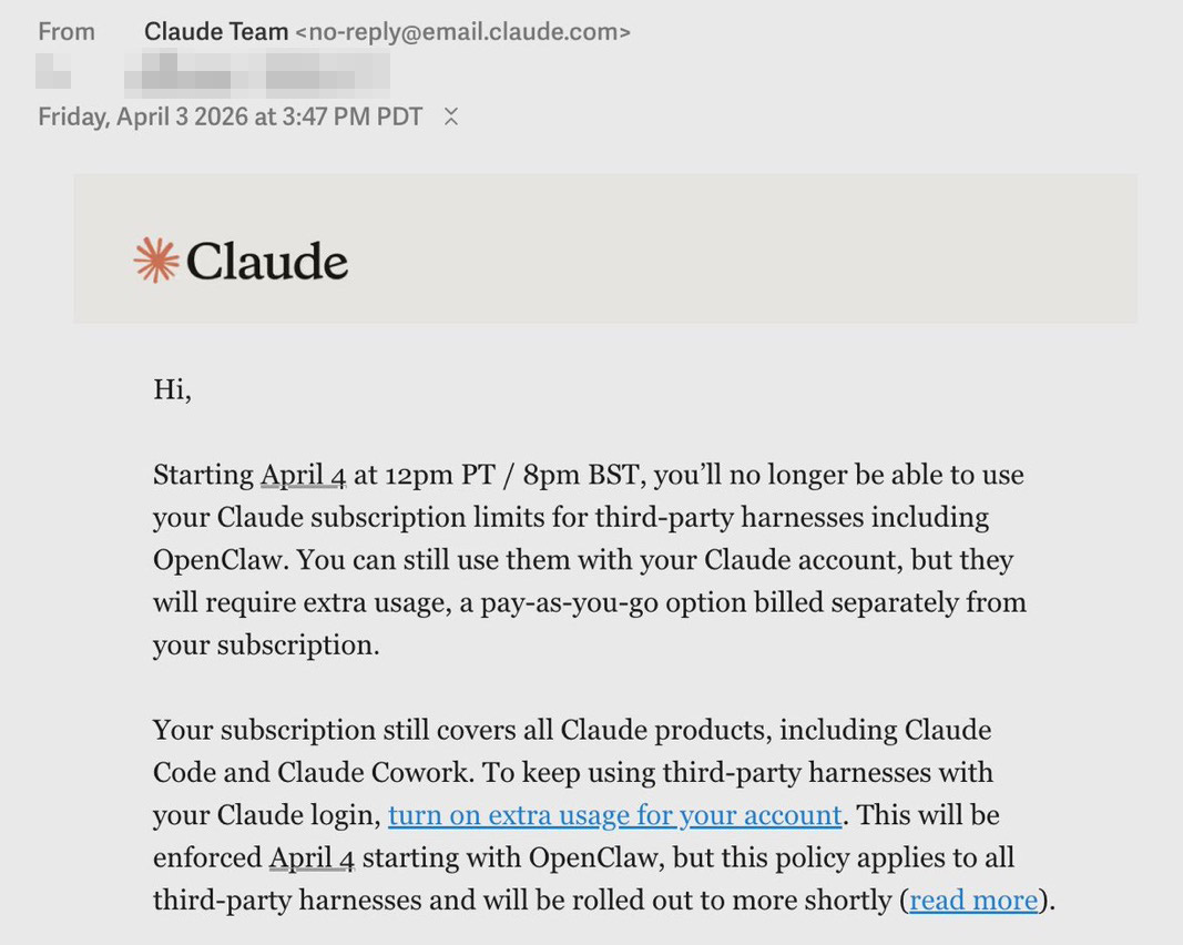 Claude Code customer notification email about OpenClaw pricing change